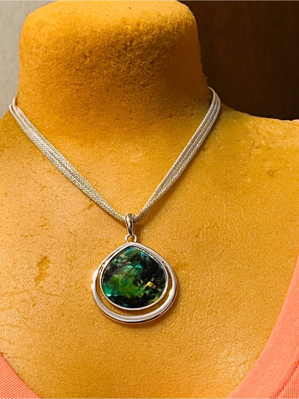 Silver & Green Teardrop Pendant Necklace